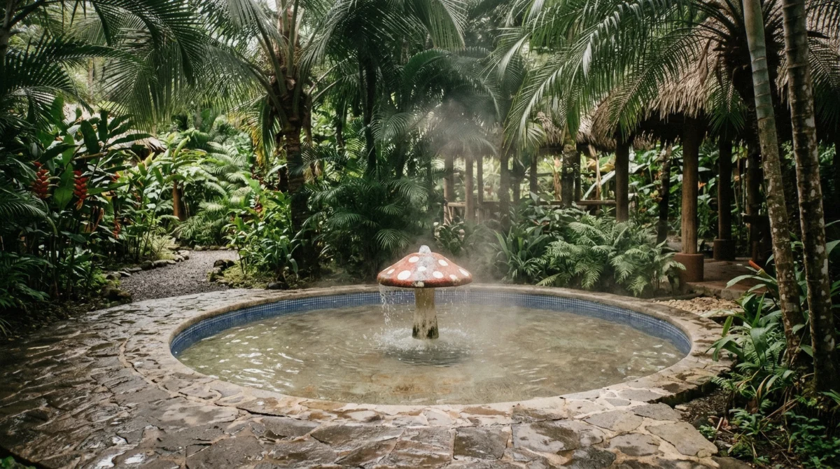 Very shallow kids pool with a small fountain shaded by palms in La Fortuna Costa Rica