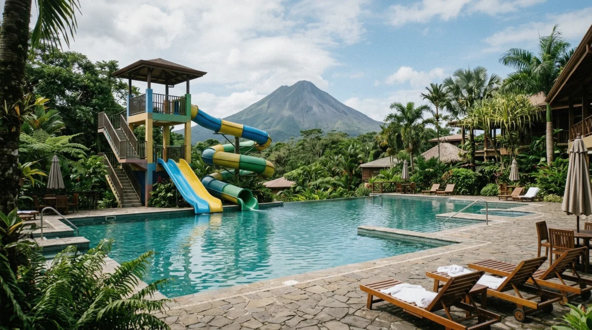 Childrens water slide tower beside a warm resort pool on the La Fortuna hot springs for kids guide in Costa Rica