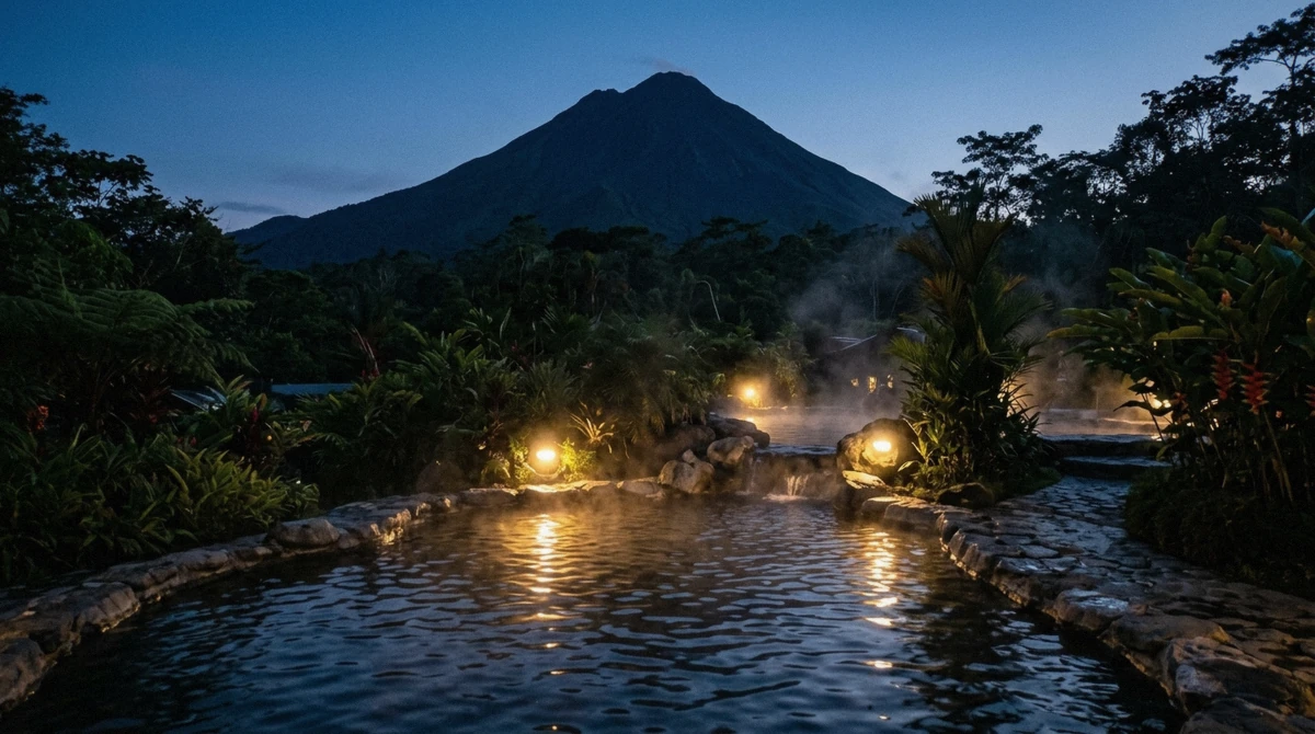 Steaming thermal pools under a deep blue dusk sky with a volcano silhouette on the La Fortuna hot springs at night guide