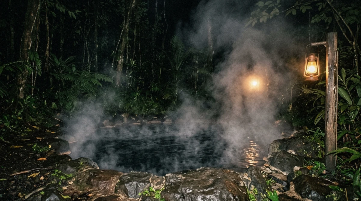 Thick steam rising off a dark thermal pool lit by a single warm lamp at night in La Fortuna