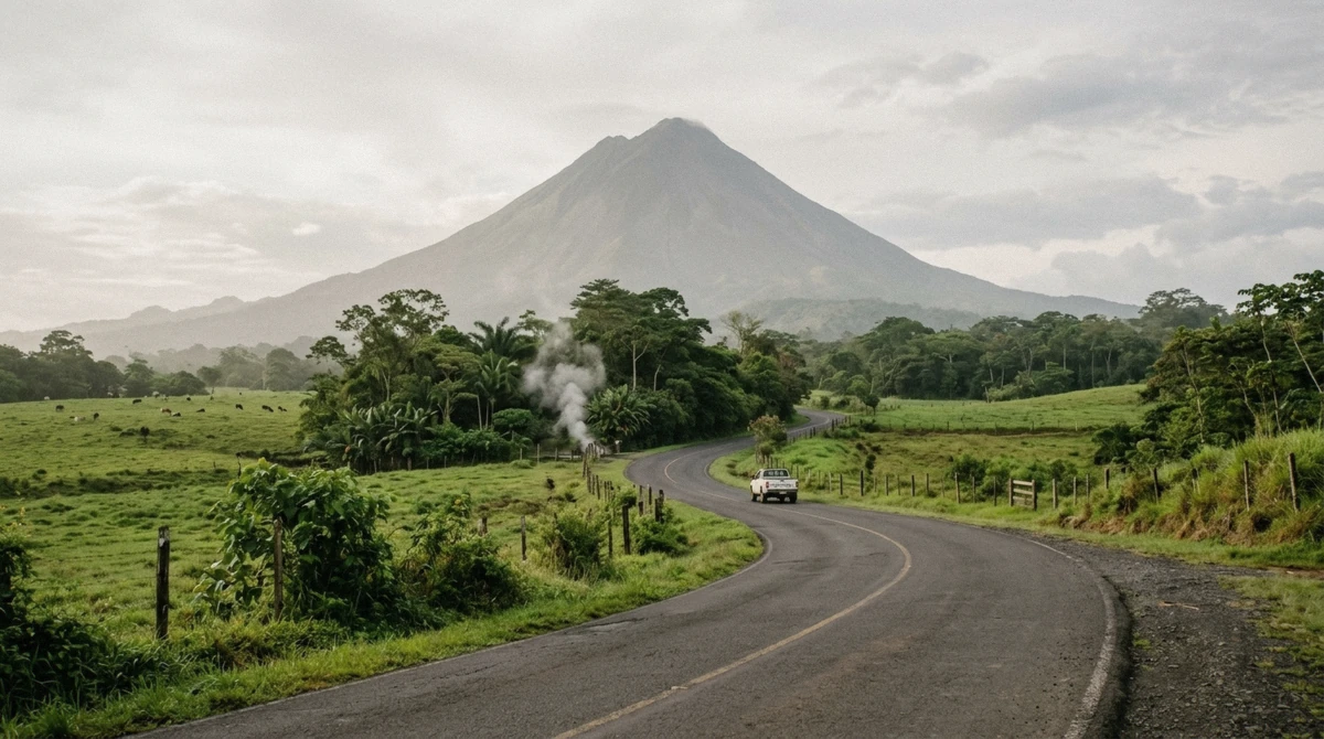 Paved country road toward the volcano with a steam plume at the trees on the how to get to the La Fortuna hot springs guide