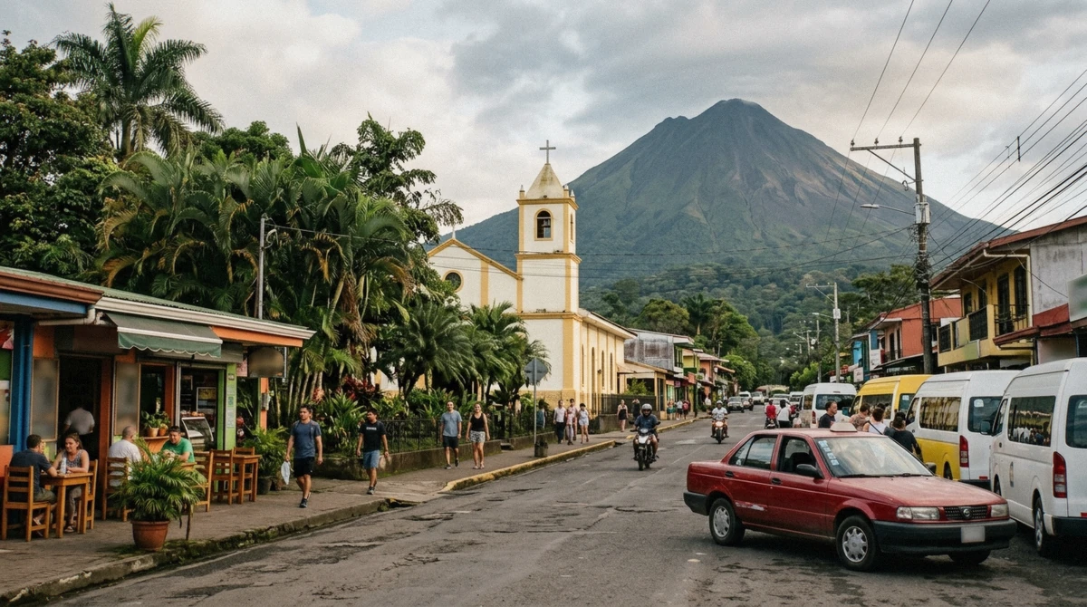 Small town street with a parked taxi and tour shuttles in La Fortuna Costa Rica