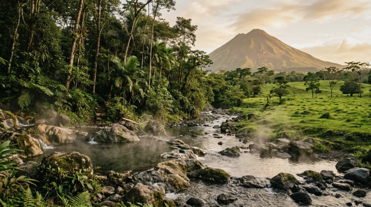 Shallow warm river with rock pools and steam at the forest edge and a volcano cone beyond near La Fortuna