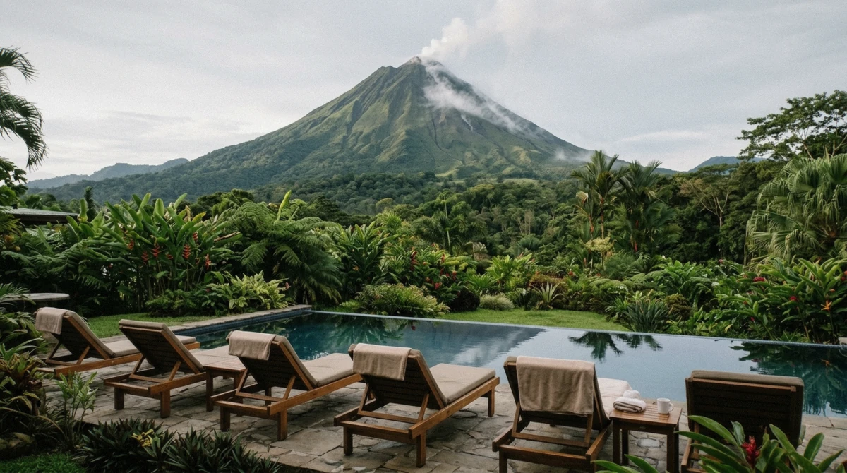 Pool terrace with loungers facing a green volcano cone on the La Fortuna hot springs with a volcano view guide