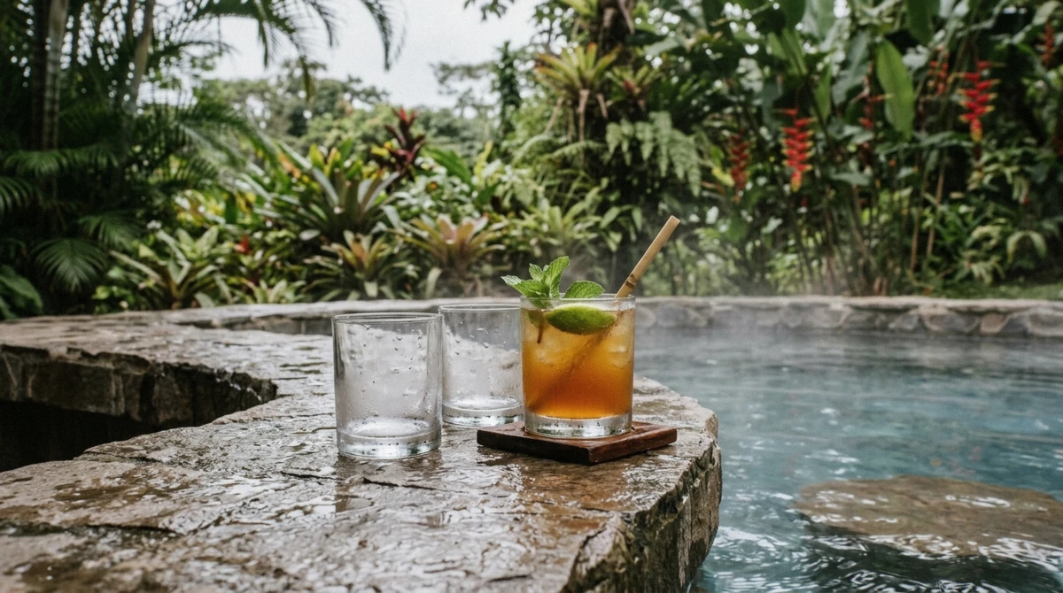 Swim-up bar counter at the edge of a warm mineral pool on the Paradise Hot Springs day pass in La Fortuna