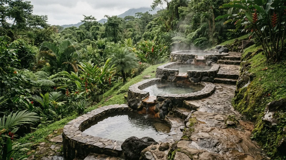 Row of five small mineral pools stepping down a garden slope at the Paradise Hot Springs day pass in La Fortuna