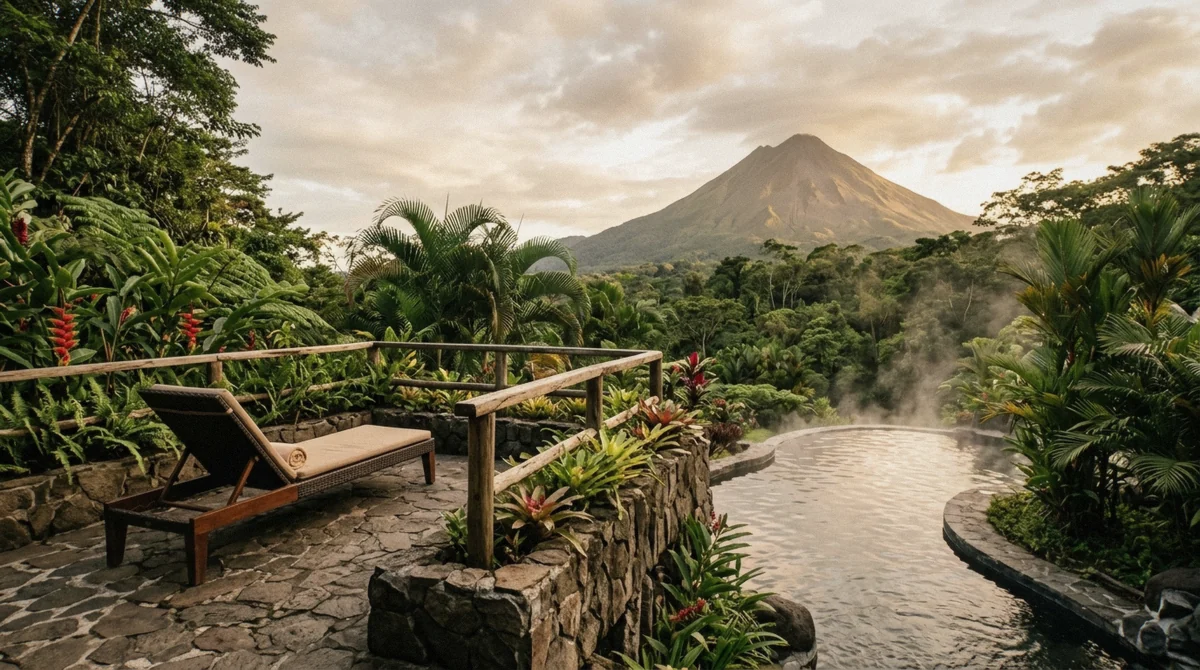 Stone viewpoint terrace above a mineral pool with volcano views at Paradise Hot Springs in La Fortuna Costa Rica