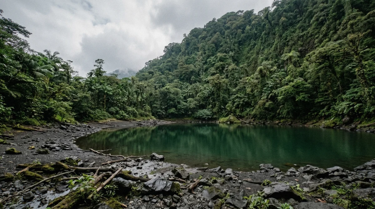 Small emerald green lake at the base of a rainforest slope on the Arenal volcano and hot springs morning tour