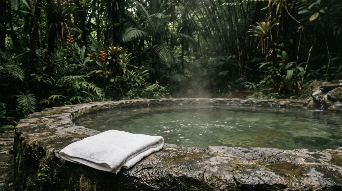 Small resort hot spring pool with a folded towel on the stone rim at the end of the Arenal volcano morning tour
