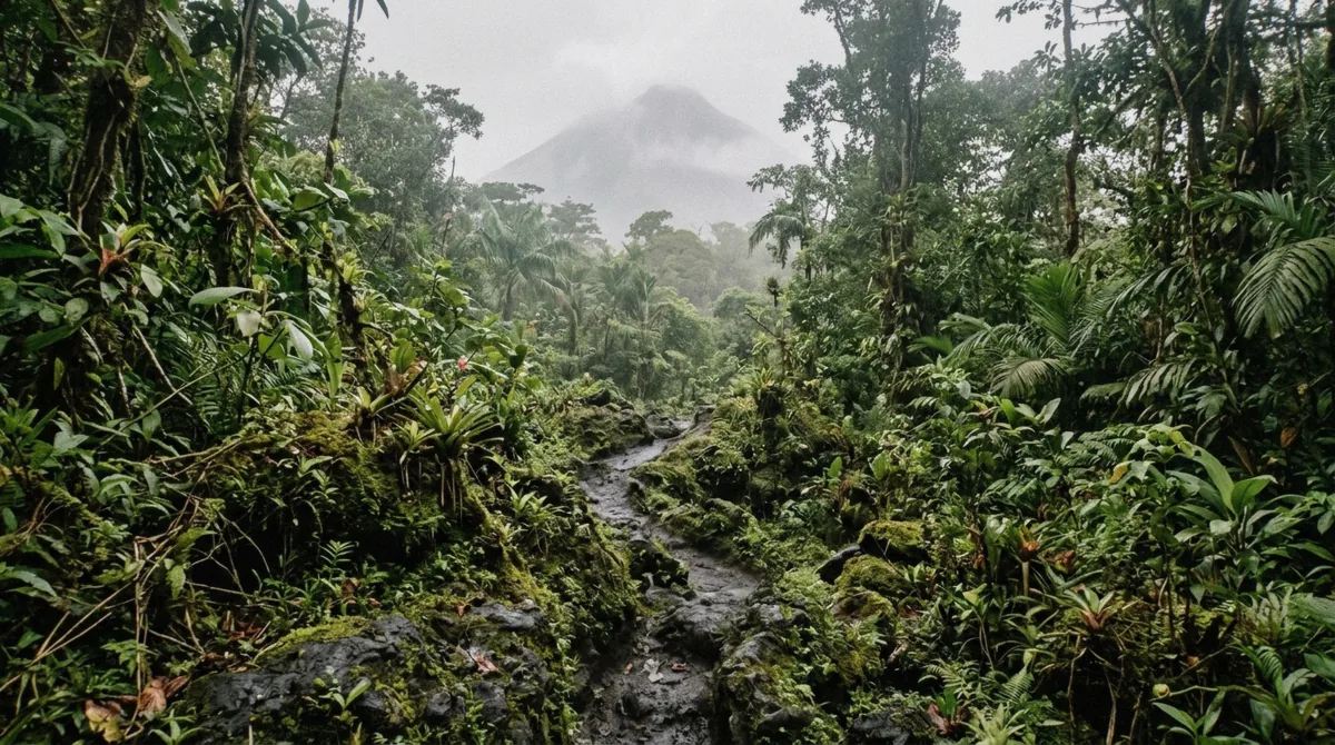 Narrow jungle trail over dark lava rock with the volcano cone faint in mist on the Arenal volcano morning tour