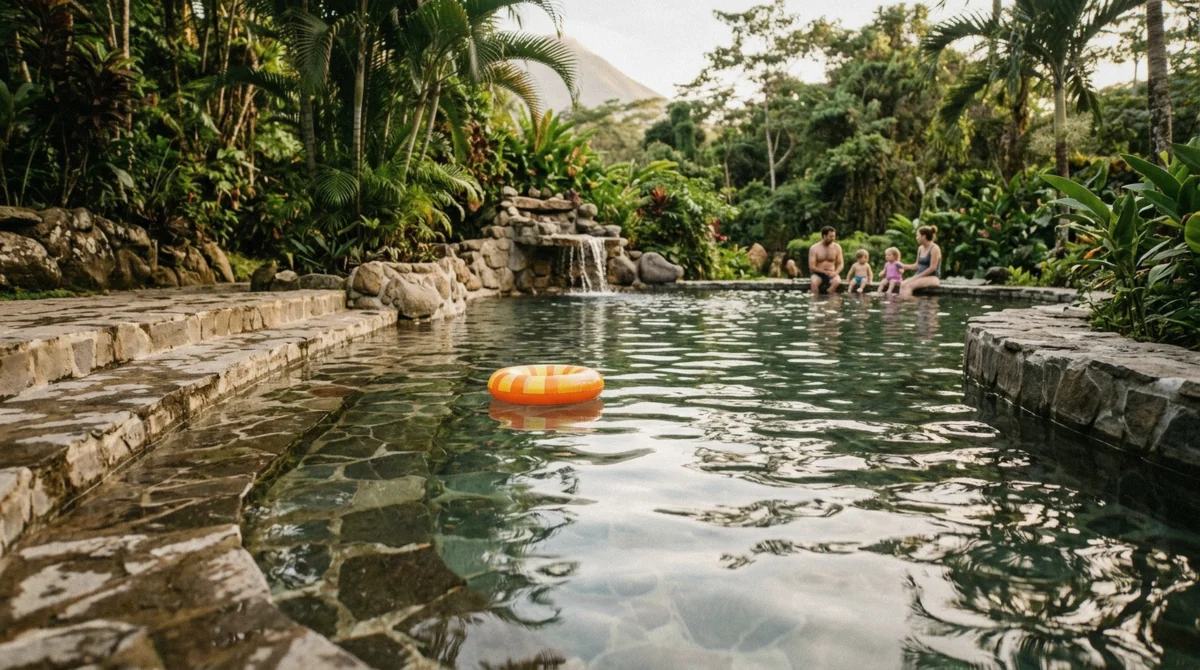 Shallow family pool with wide steps and a small waterfall feature at the Los Lagos hot springs ticket in La Fortuna