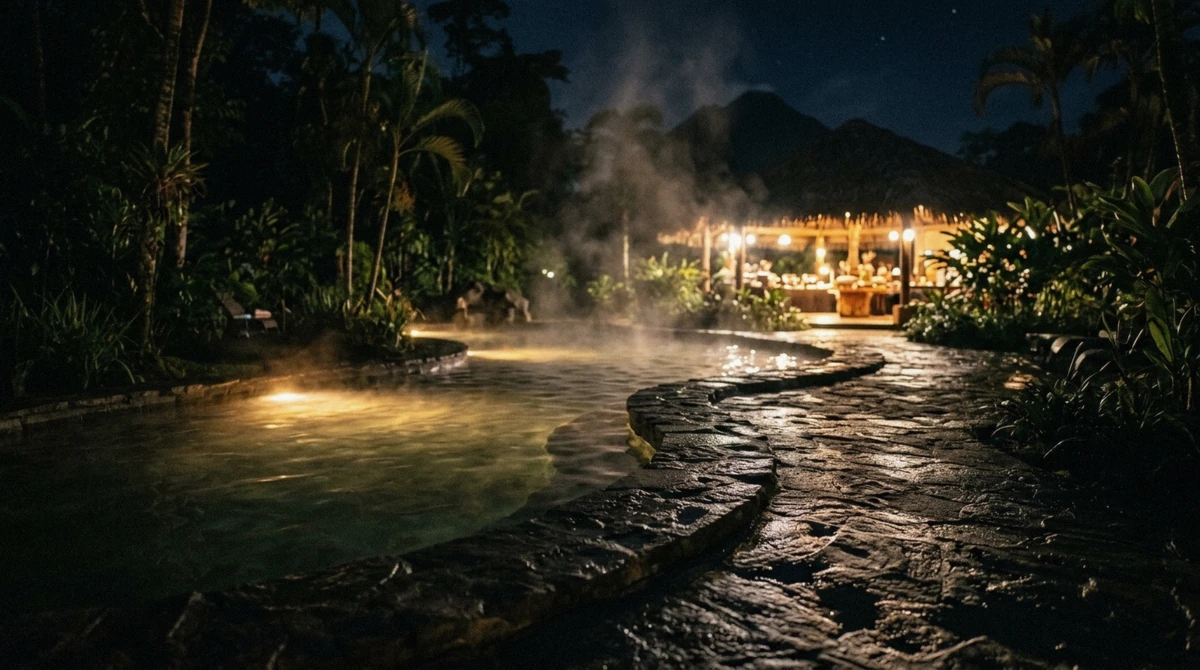 Resort thermal pool area after dark with warm underwater lights on the El Silencio hike and Baldi hot springs evening