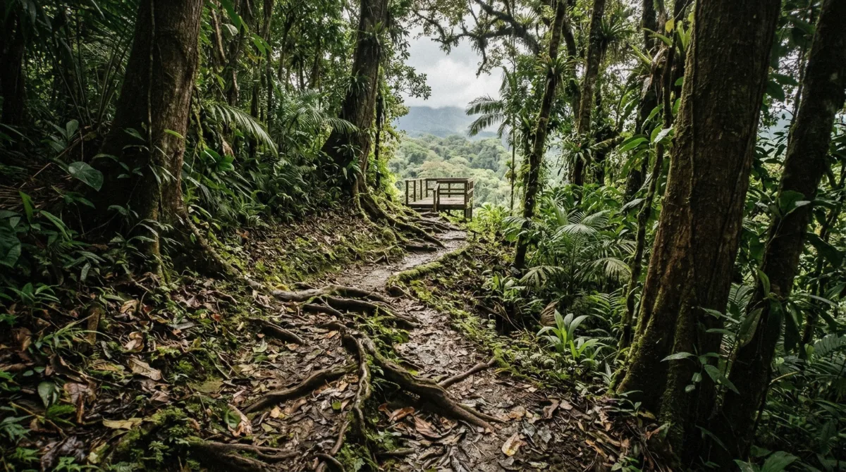 Rainforest path with tree roots climbing toward a lookout on the El Silencio trail hike and Baldi evening
