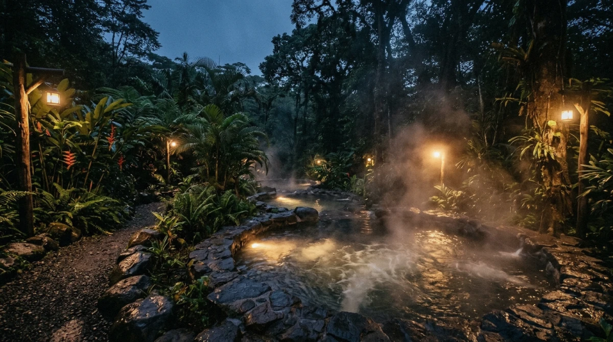 Thermal pools under rainforest trees at dusk with warm underwater lights on the Tabacon hot springs day pass