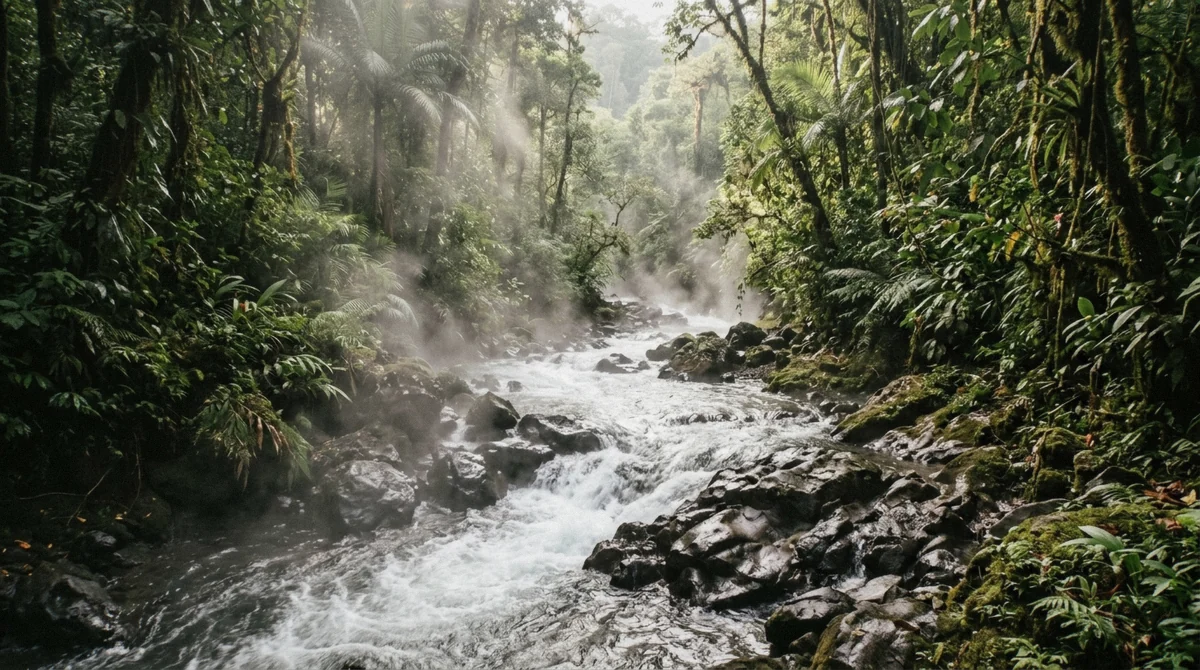 Natural thermal river running over dark stone through rainforest with steam on the Tabacon hot springs day pass in La Fortuna