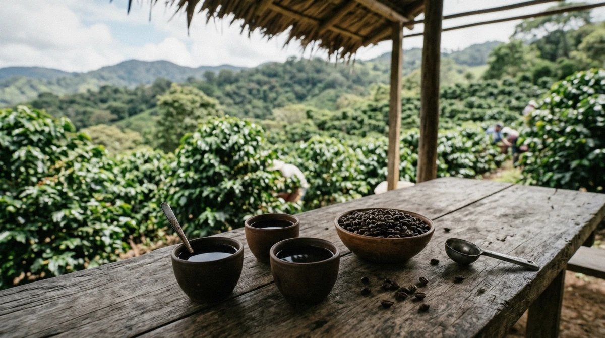 Cups of black coffee and roasted beans on a wooden table at a plantation stop on the San Jose to Arenal day trip