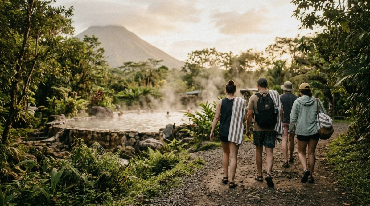 Travelers with towels walking toward a steaming mineral pool at the end of the San Jose to Arenal volcano day trip