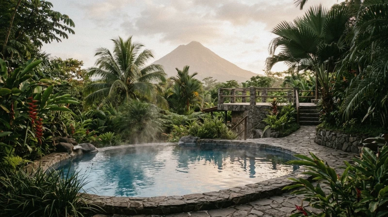 Steaming mineral pool terraces of Paradise Hot Springs under tropical gardens with the Arenal Volcano behind on a La Fortuna hot springs day pass, Costa Rica