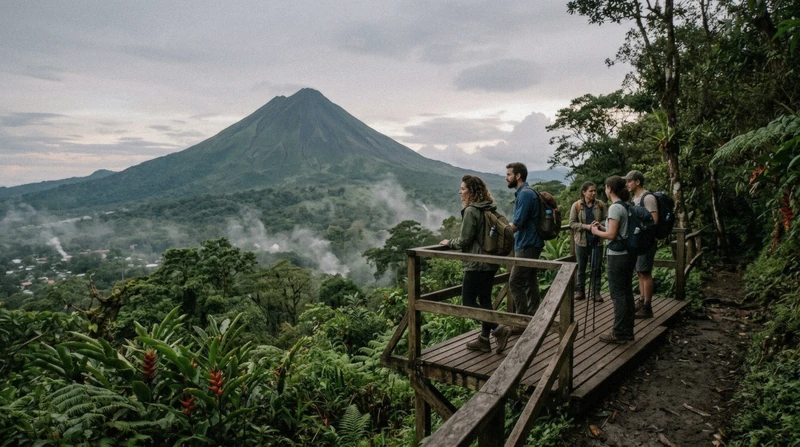 Rainforest trail lookout facing the Arenal Volcano cone on the El Silencio trail hike and Baldi hot springs evening tour in La Fortuna, Costa Rica