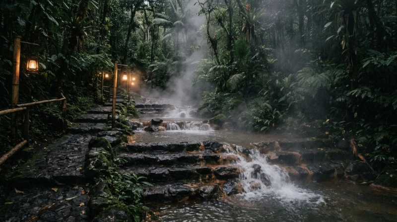 Natural thermal river cascading through rainforest gardens at Tabacón hot springs with steam rising in La Fortuna, Costa Rica