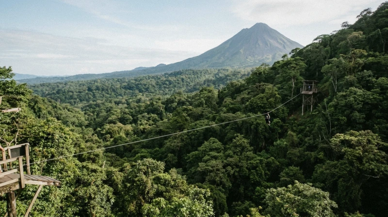 Zip line cable crossing rainforest canopy on the volcano slopes during an Arenal volcano and hot springs day trip from San Jose, Costa Rica
